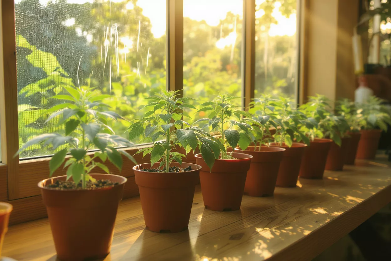 Row of small green seedlings in brown pots on a wooden windowsill.
