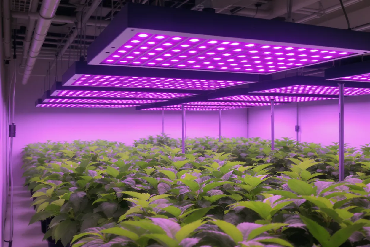 Rows of green plants under bright purple LED grow lights in an indoor farm.