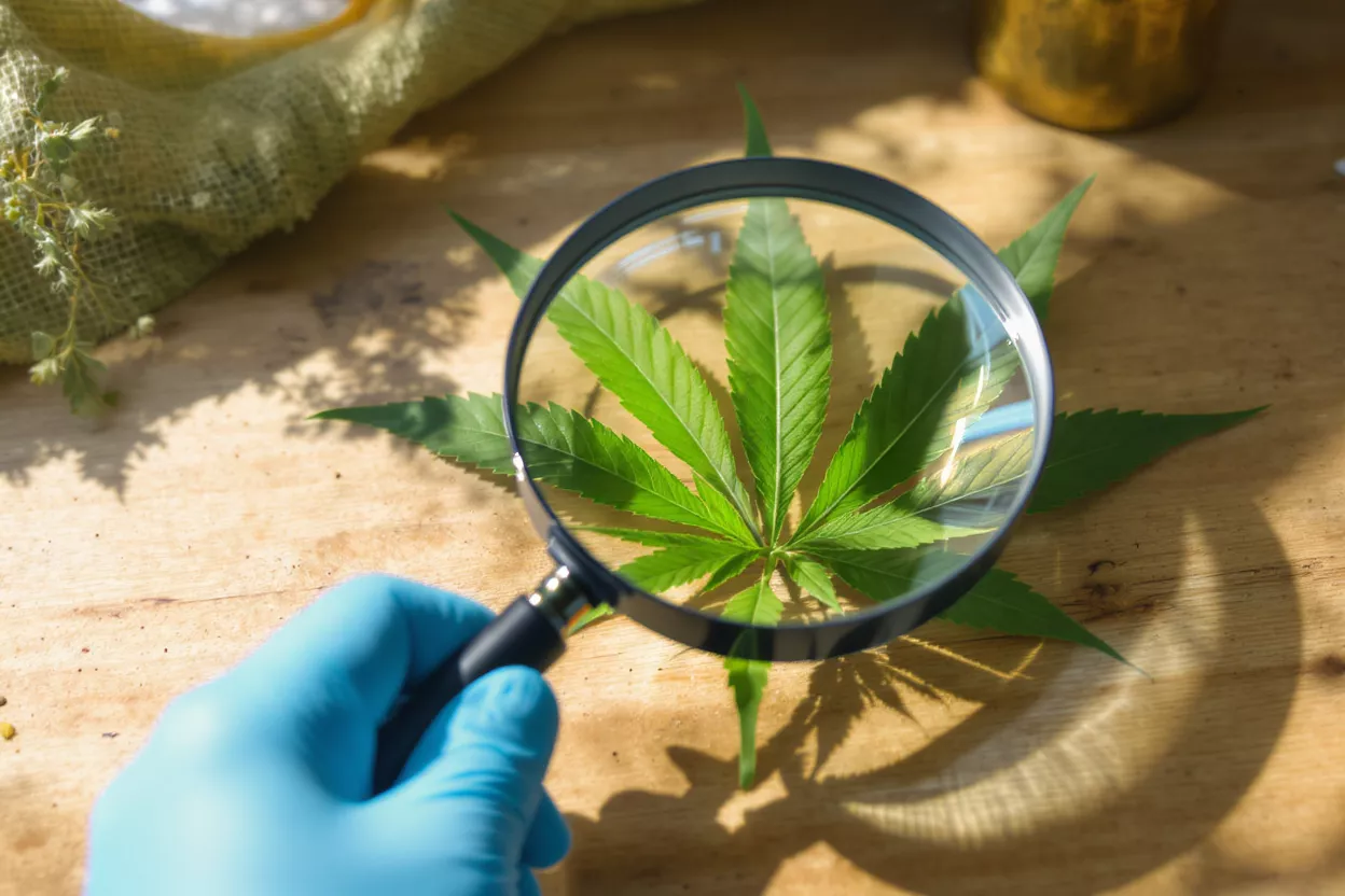 A gloved hand holds a magnifying glass over a cannabis leaf on a wooden surface.