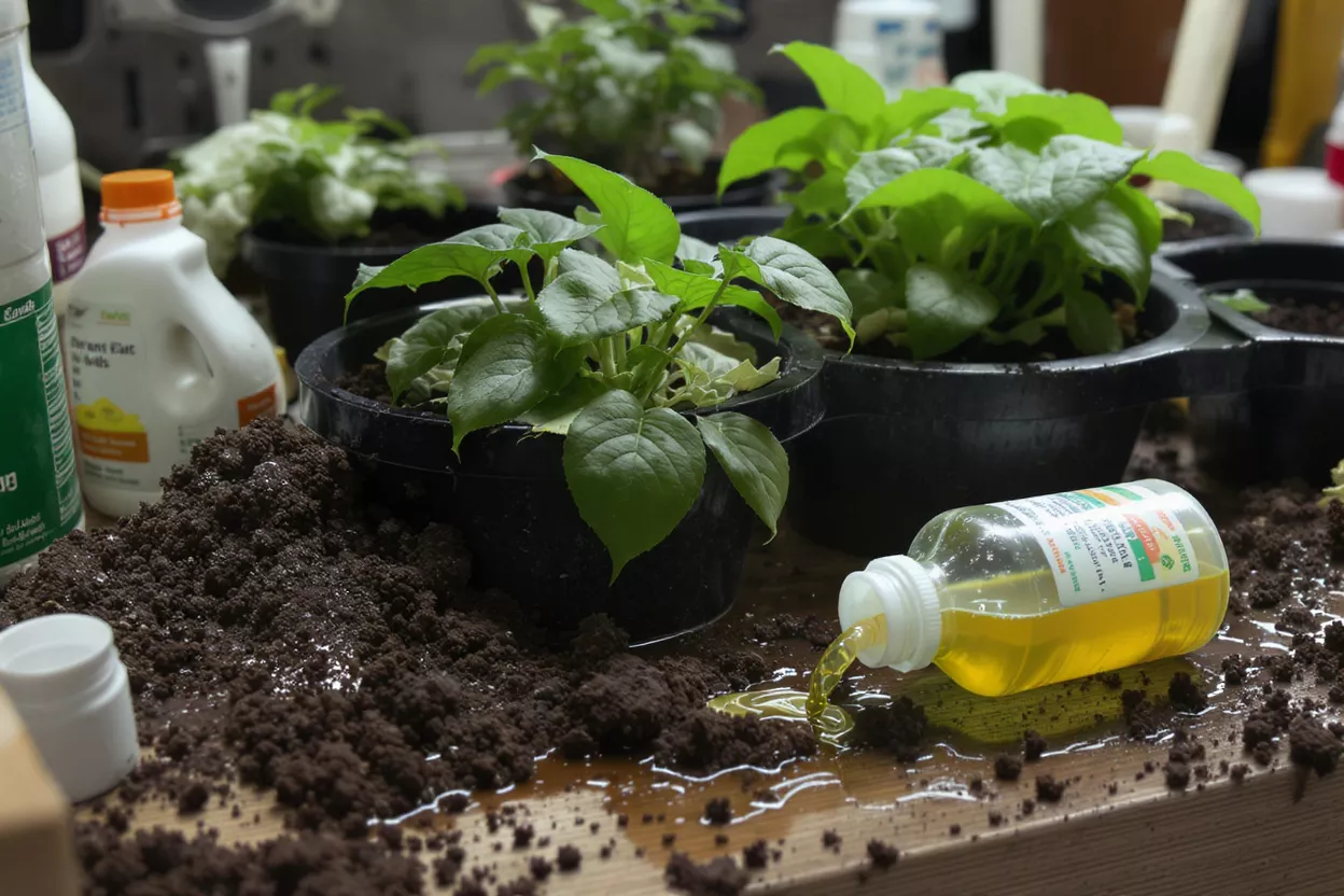 Yellow liquid fertilizer spilling from a bottle onto soil and a wooden surface.