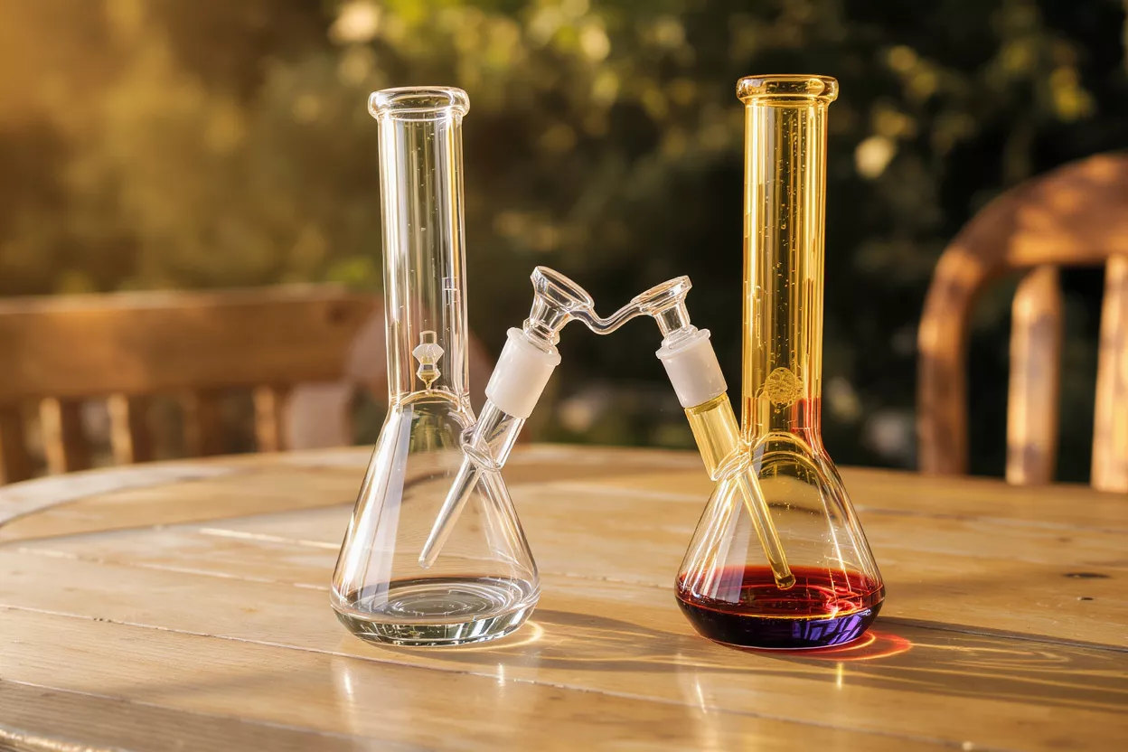 Two glass bongs, one clear and one amber, connected on a wooden table.