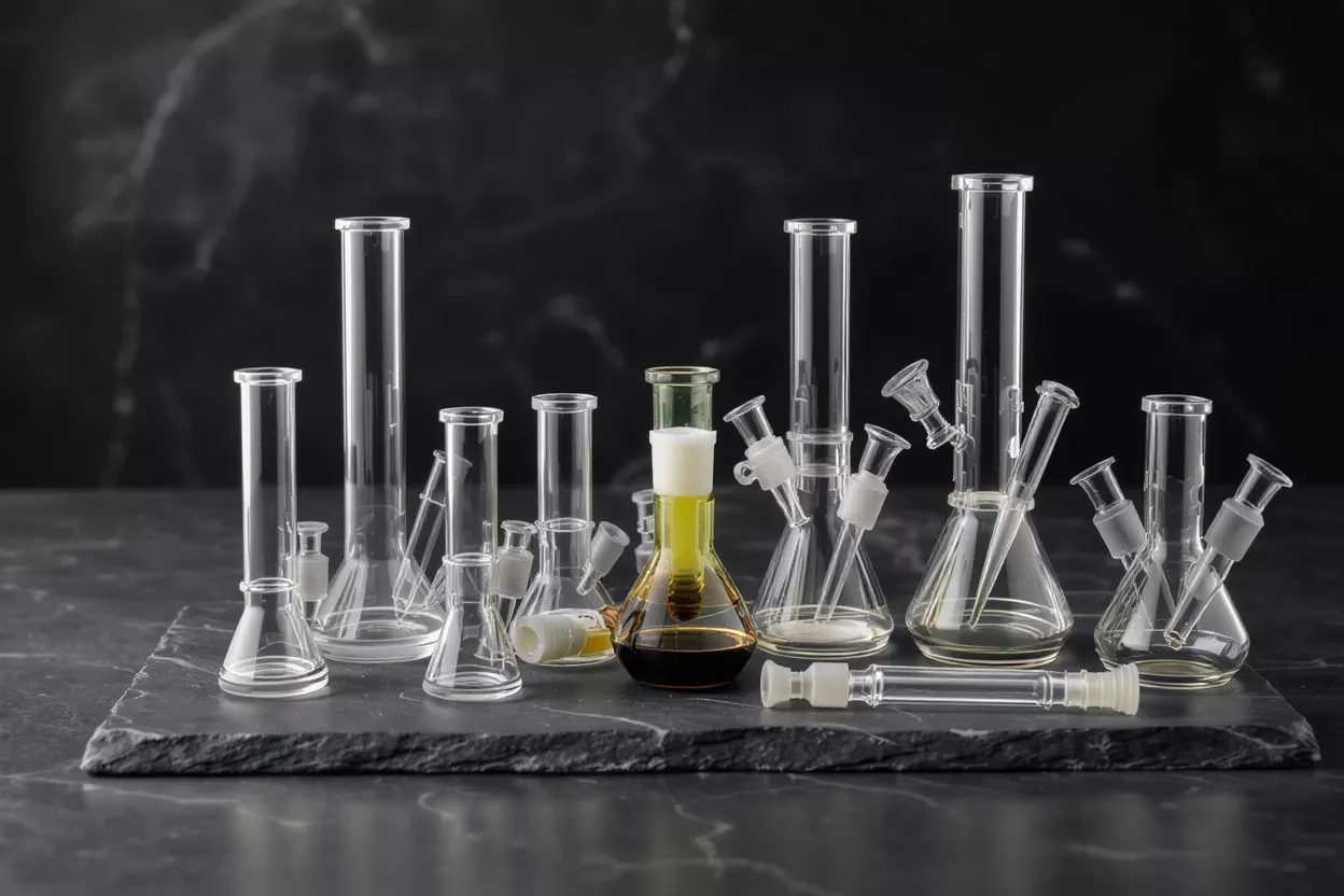 Various clear glass laboratory beakers, flasks, and tubes on a dark slate surface.