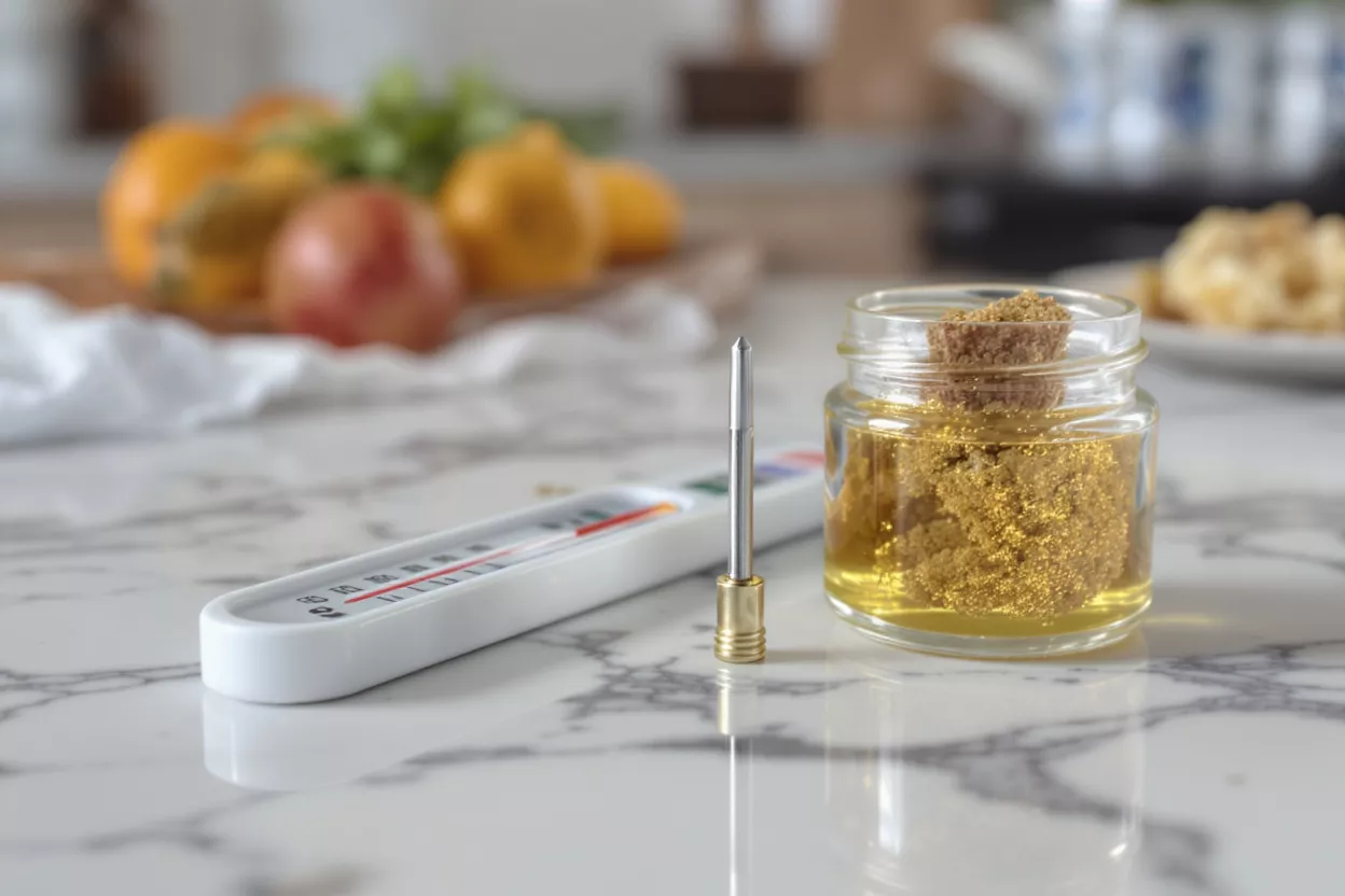 A kitchen thermometer, a small tool, and a jar of oil with golden granules.