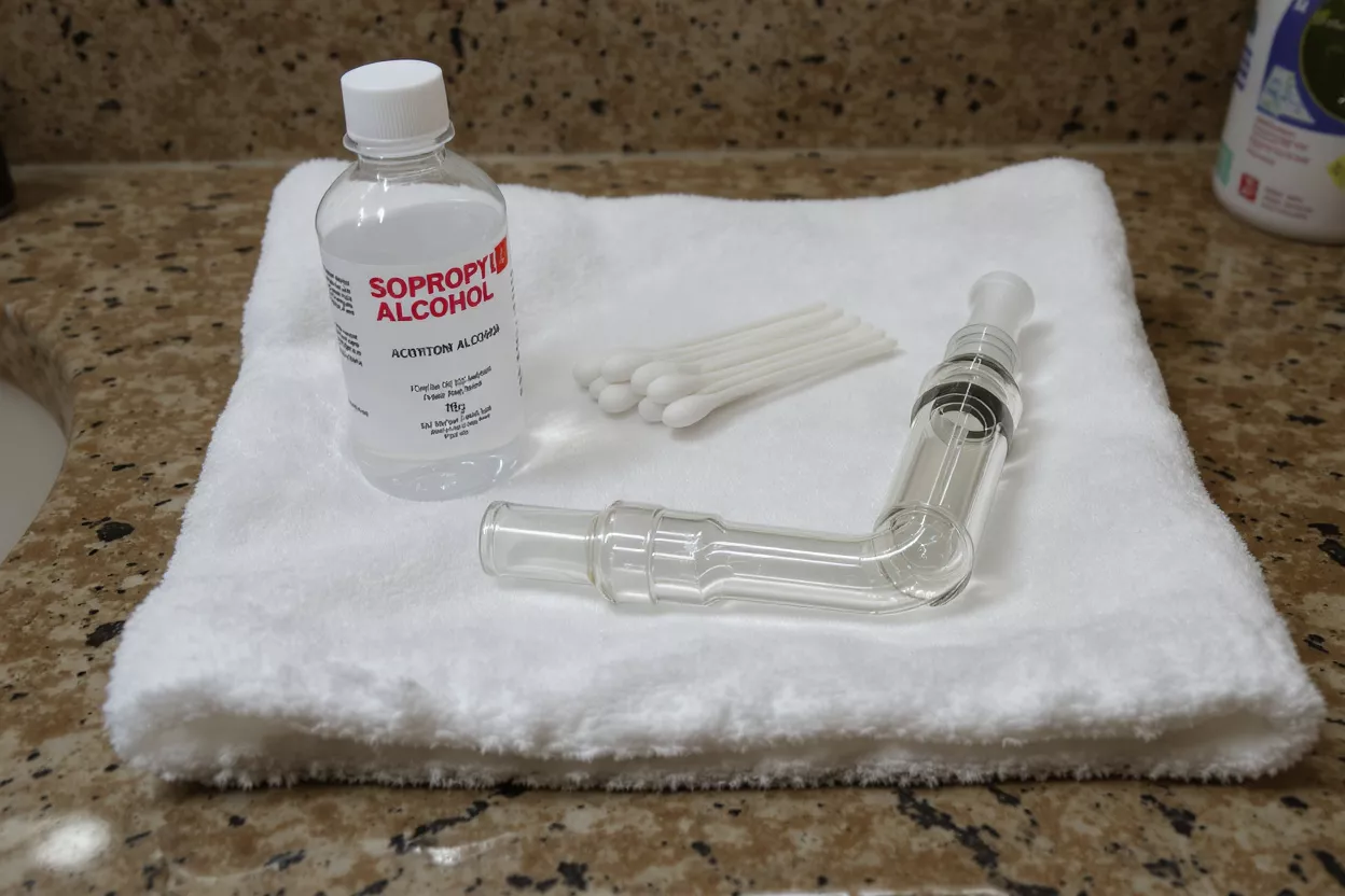 Isopropyl alcohol, cotton swabs, and a glass pipe on a white towel.