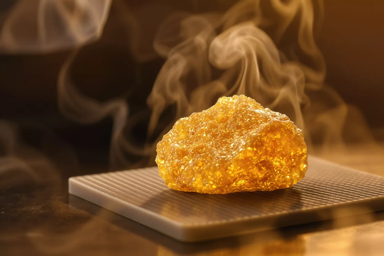 A shimmering golden honeycomb wax chunk on a white ridged surface with steam.