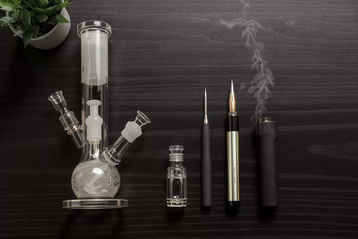 A glass bong, dab tools, and a vape pen on a dark wooden surface.