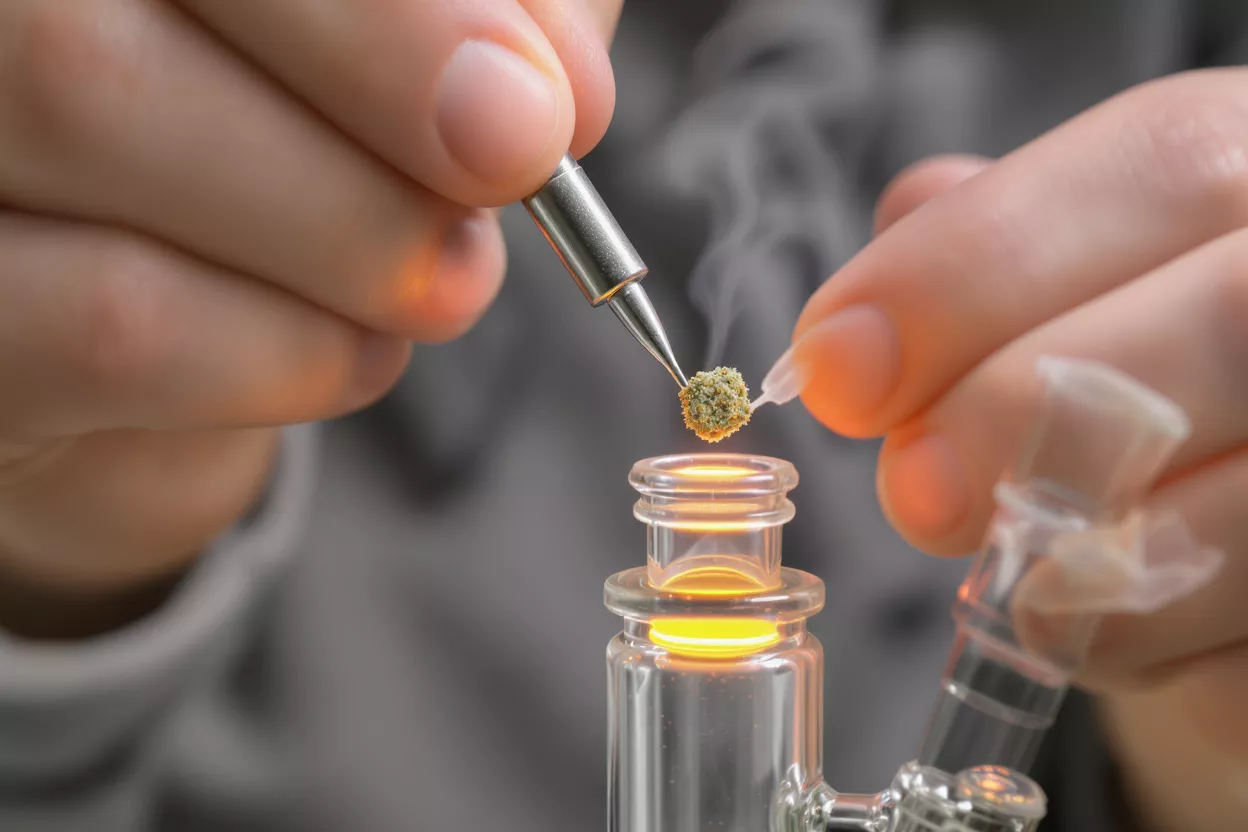 Hands using a metal tool to place cannabis concentrate into a heated glass rig.