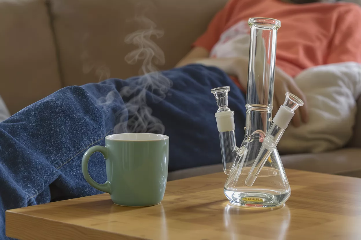 A person relaxing on a couch with a steaming mug and a glass bong.