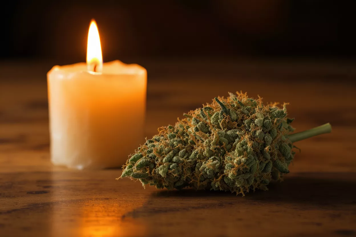 A cannabis bud next to a lit candle on a wooden surface.