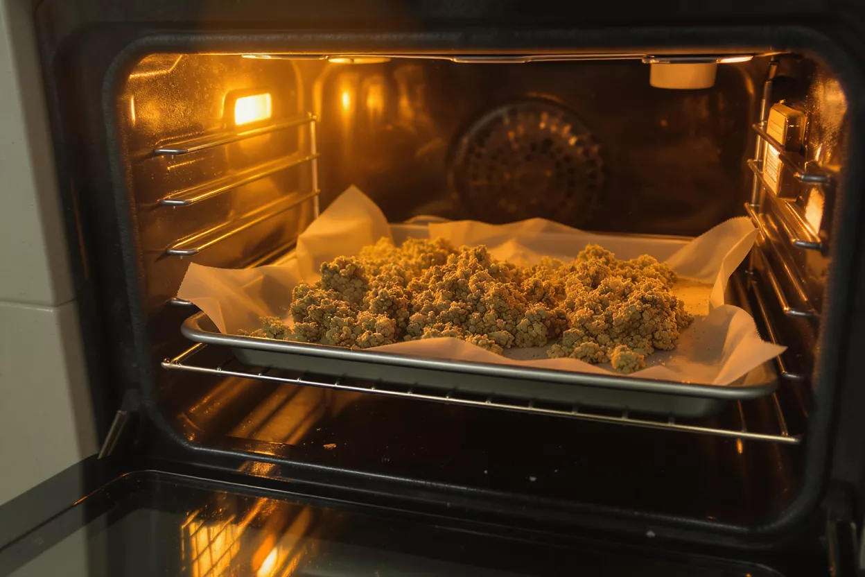 Close-up of food baking on a tray with parchment paper inside a lit oven.