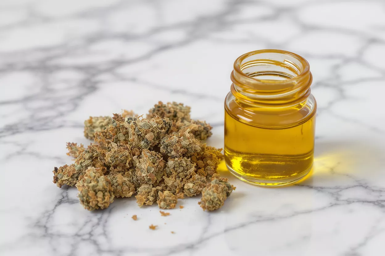 Dried cannabis buds next to a small glass bottle of golden CBD oil.