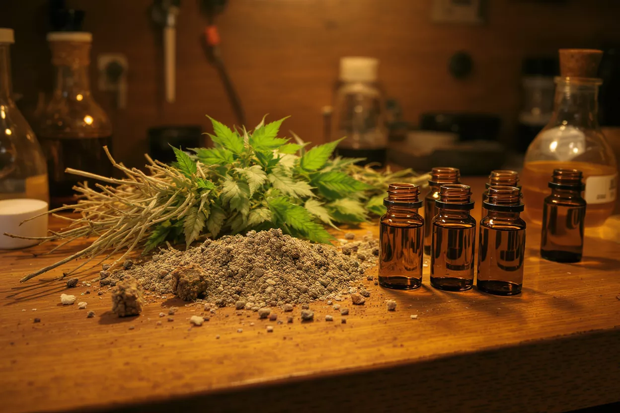 Cannabis leaves, dried stems, plant matter, and amber essential oil bottles on wood.