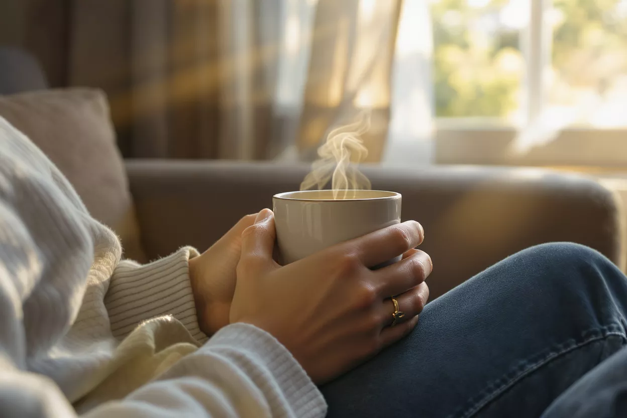 Hands holding a steaming mug of coffee, sunlight streaming through a window.
