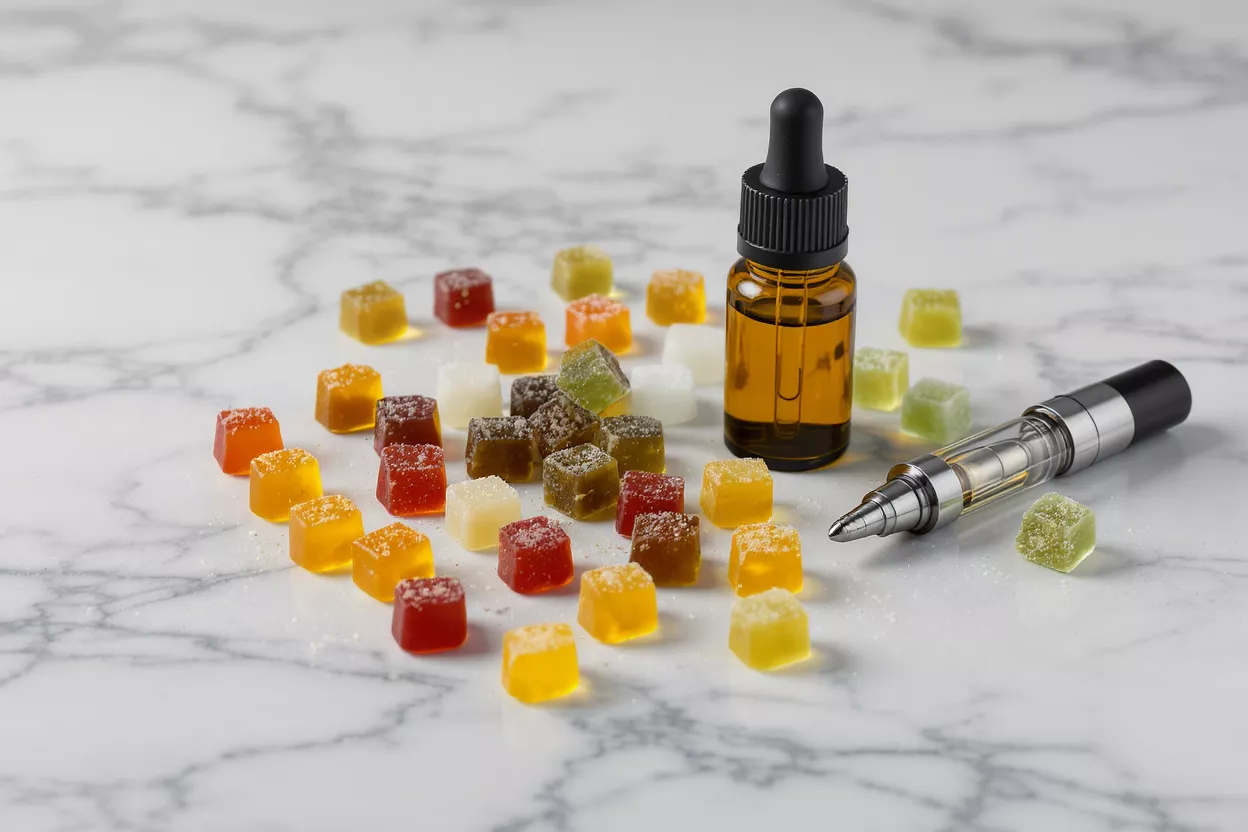 Colorful CBD gummies, a dropper bottle of oil, and a vape pen on marble.