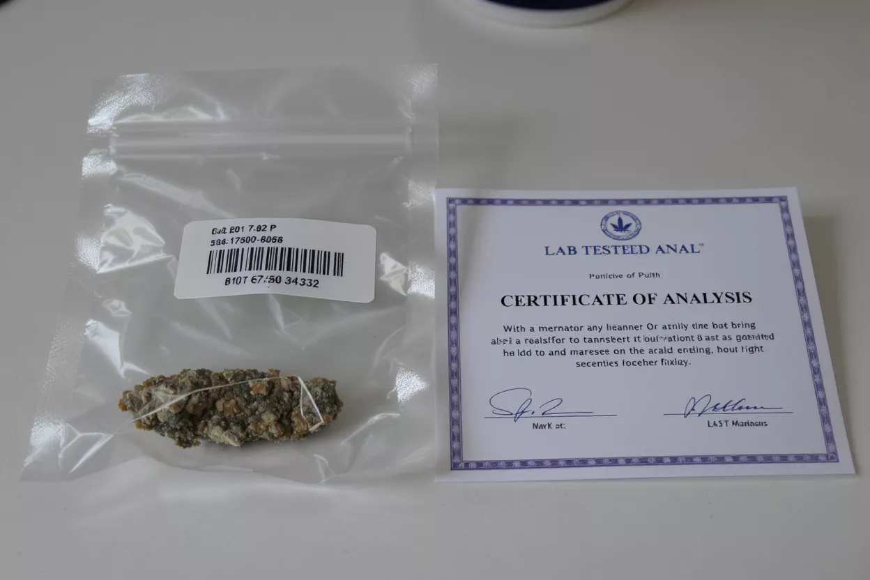 A plastic bag with a product and a certificate of analysis on a white surface.