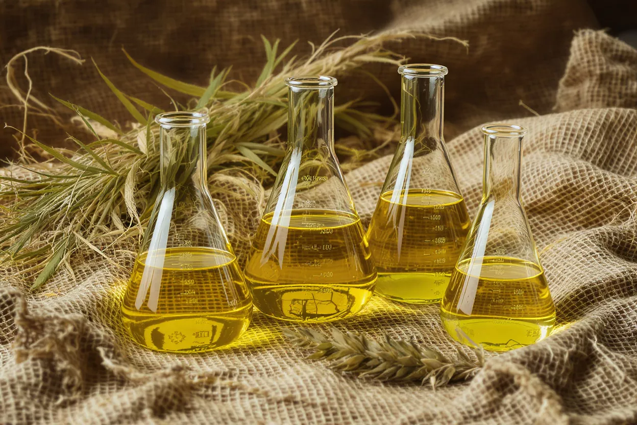 Four laboratory flasks filled with golden hemp oil on burlap with hemp leaves.
