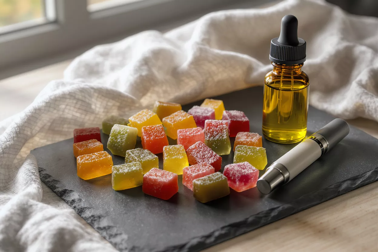 Colorful CBD gummies, a dropper bottle of oil, and a vape pen on a dark slate.