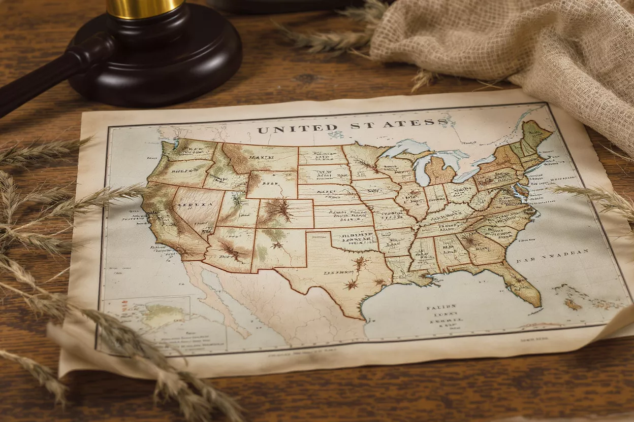 Vintage map of the United States with a judge's gavel and wheat stalks.