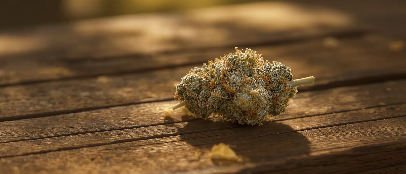 Gros plan d'un bourgeon de cannabis posé sur du bois