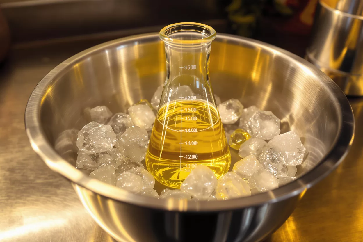 Matraz Erlenmeyer con líquido amarillo en un tazón de acero inoxidable con hielo.