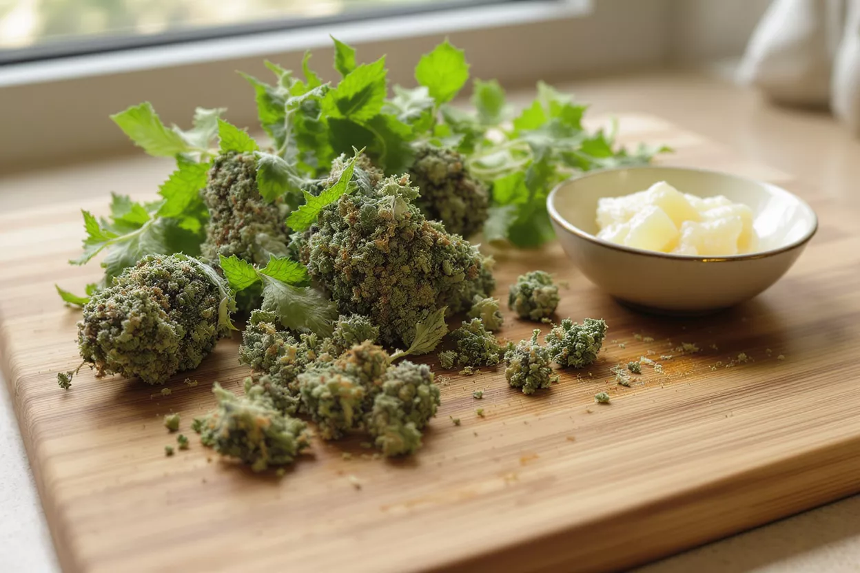 Capullos y hojas de cannabis en una tabla de cortar de madera con un cuenco de mantequilla.
