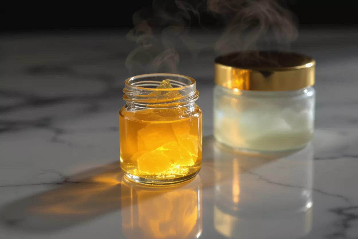 Dos frascos humeantes sobre mármol: uno con cristales ámbar, uno con crema blanca.