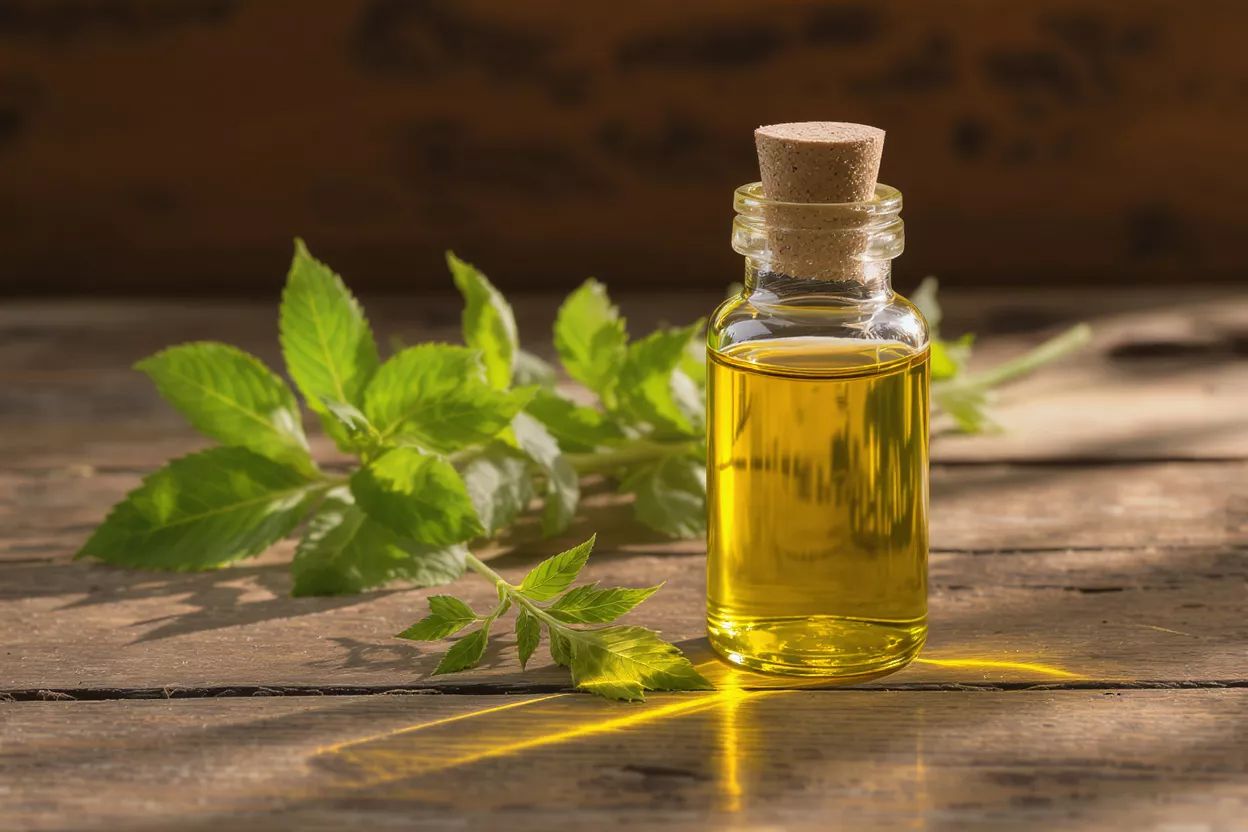 Pequeña botella de aceite esencial dorado con hojas verdes sobre una superficie de madera rústica.