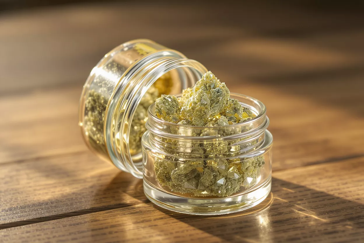 Two glass jars filled with sparkling, light green cannabis diamonds on a wooden table.