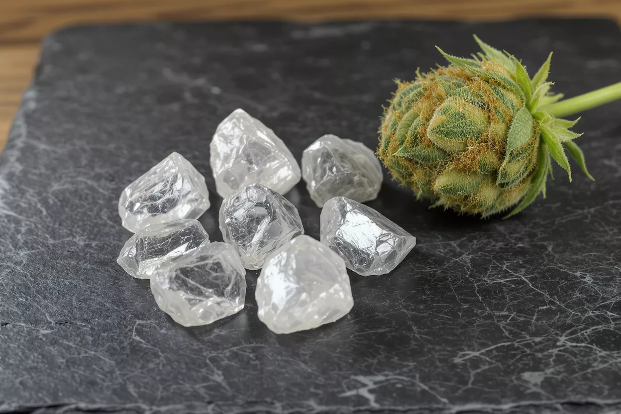 Clear cannabis diamonds and a green cannabis flower bud on a dark slate surface.