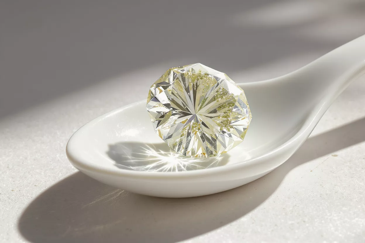 A brilliant faceted gemstone rests on a white ceramic spoon in sunlight.