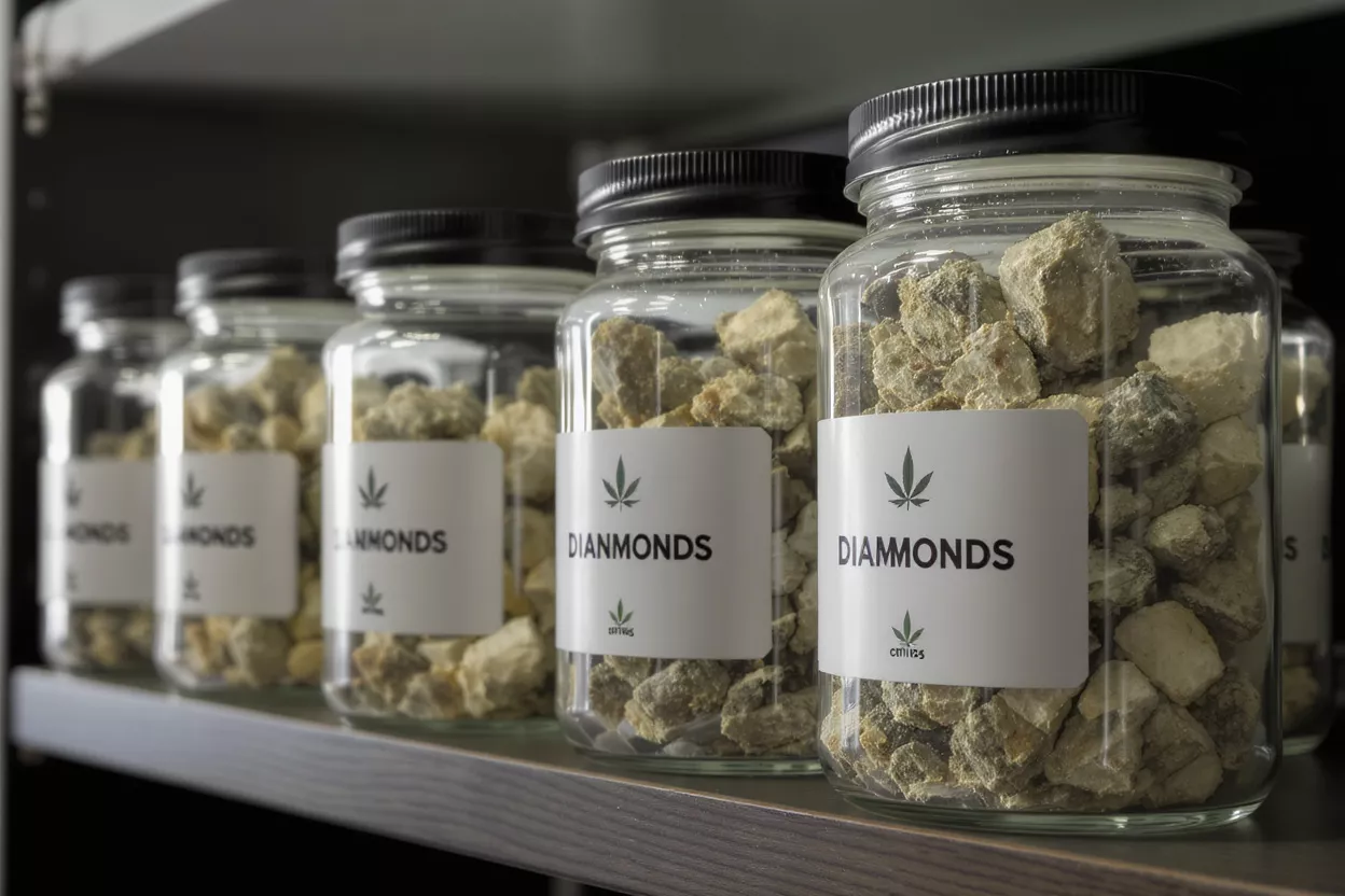 Several glass jars filled with cannabis diamonds, labeled, on a wooden shelf.