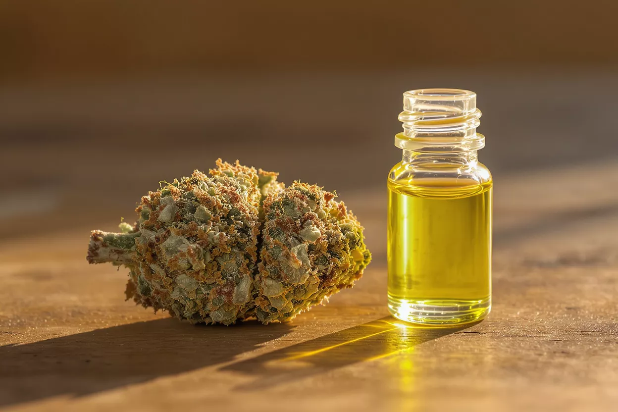 Close-up of a cannabis bud next to a small bottle of CBD oil.