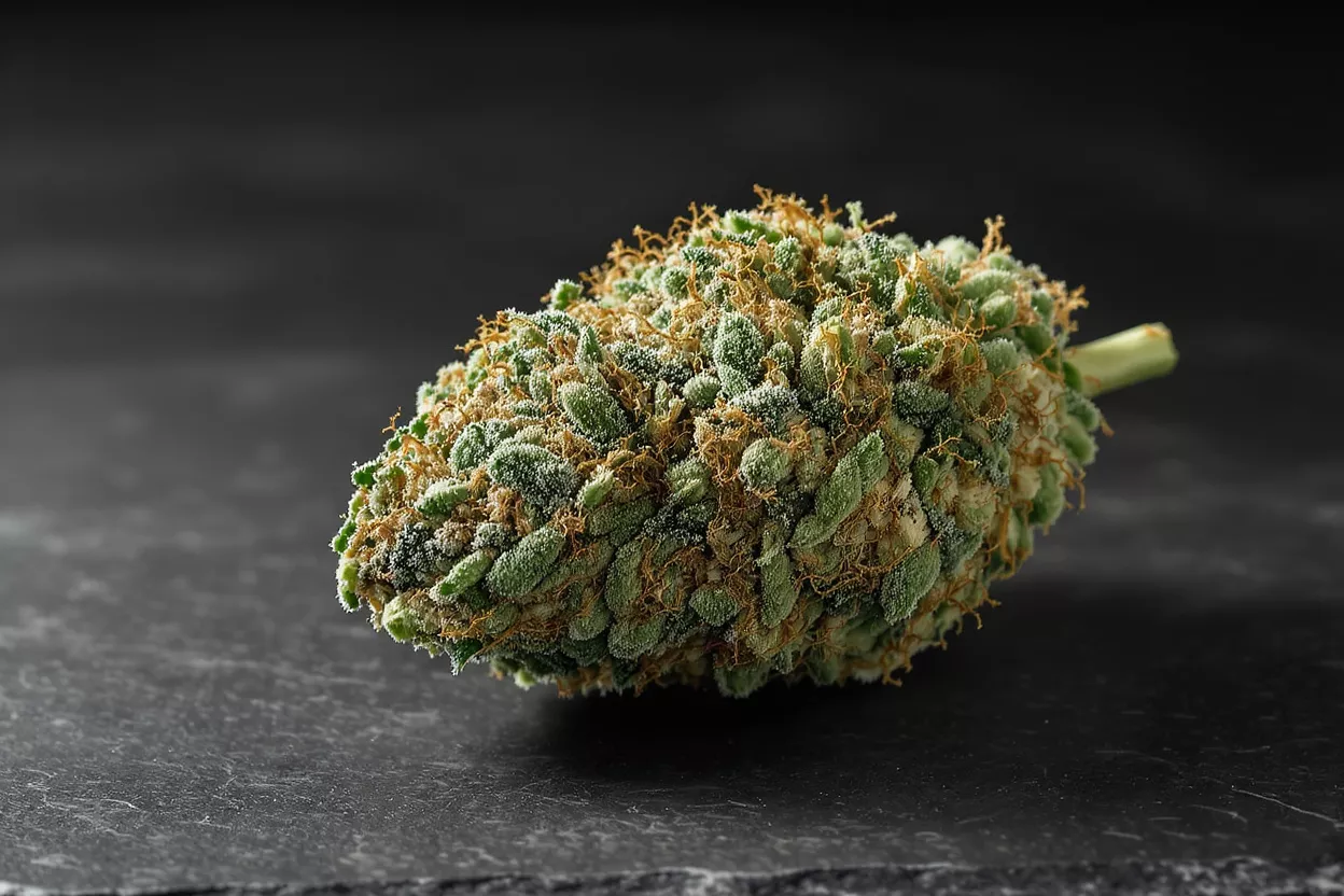 Close-up of a vibrant green cannabis flower bud with orange hairs on a dark background.