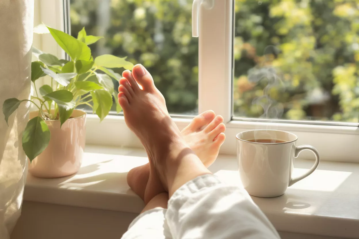 Feet propped on a sunlit windowsill next to a steaming cup of coffee and a plant.