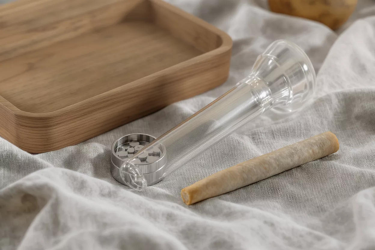 Wooden tray, glass pipe, metal grinder, and pre-rolled joint on linen.