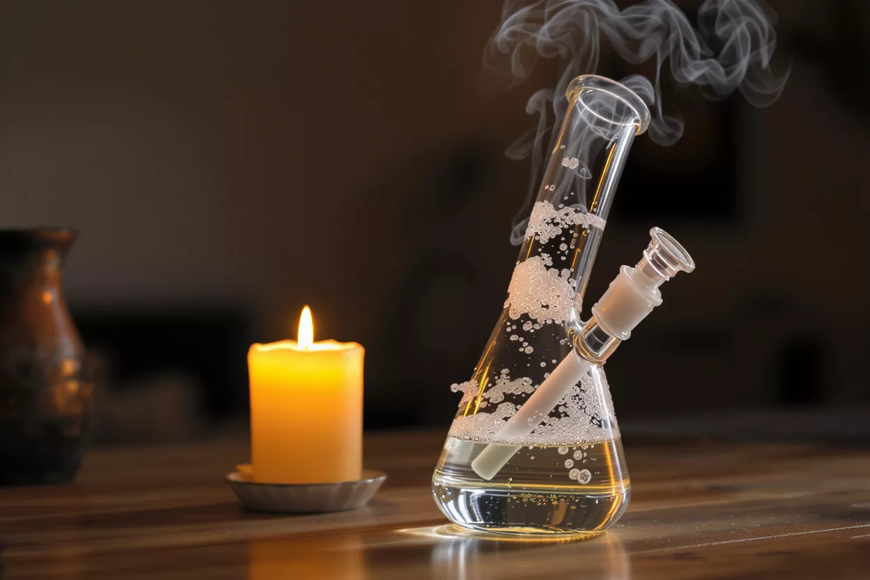 Glass Bong with Candlelight Glass bong with smoke and a lit candle on a wooden table.