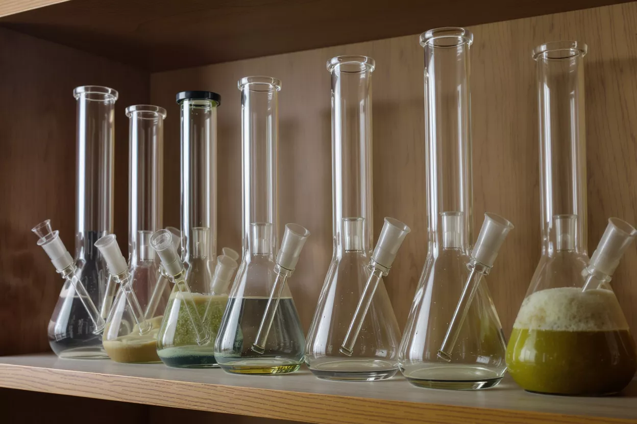 Glass Beakers with Liquids A row of glass beakers with various liquids on a wooden shelf.