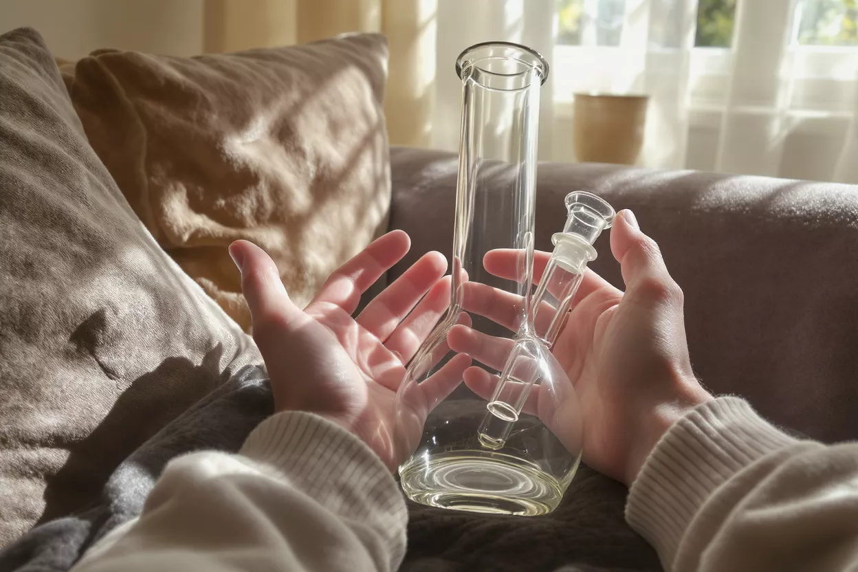 Clear Glass Bong Close-up of hands holding a clear glass bong with a detachable downstem.