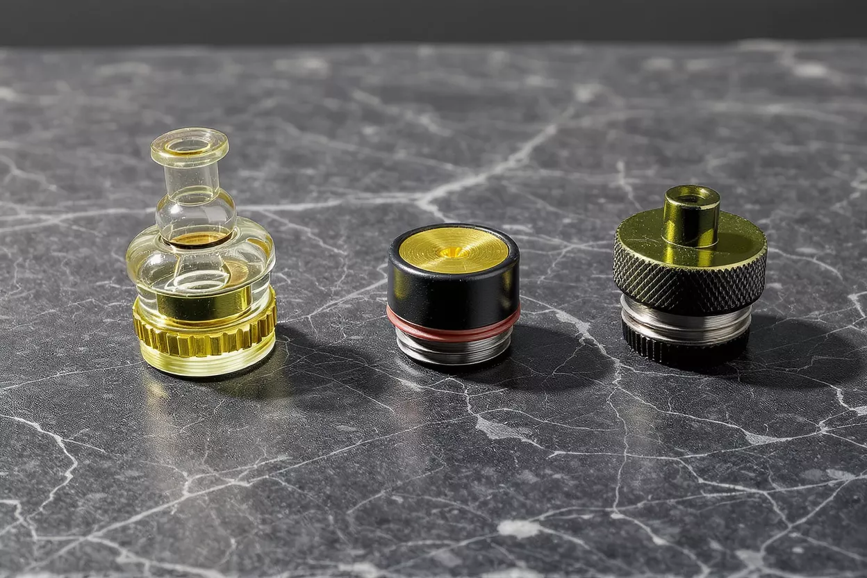 Three distinct vape components: a glass mouthpiece, a black and gold connector, and a green knurled piece.