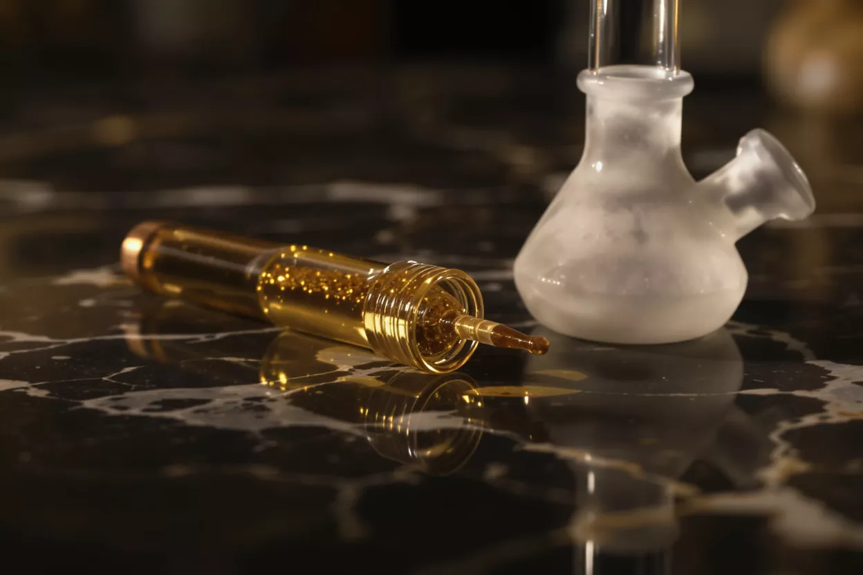 A gold serum dropper bottle next to a frosted glass beaker on a marble surface.