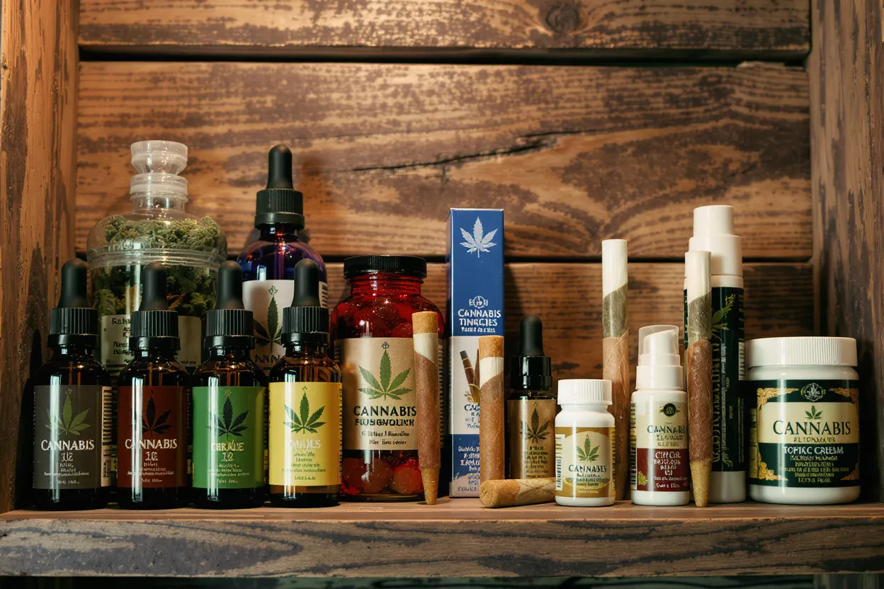 Assorted Cannabis Products on Wooden Shelf Various cannabis products including tinctures, edibles, and creams displayed on a wooden shelf.