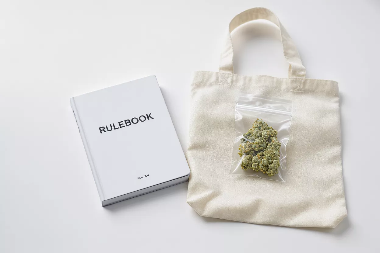 Cannabis Rulebook and Tote Bag White rulebook, canvas tote bag, and cannabis in a plastic bag.