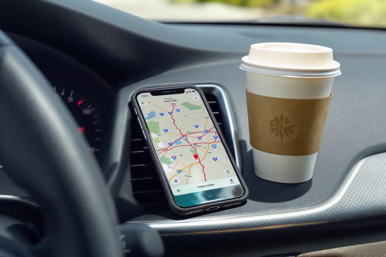 Car Dashboard with Navigation and Coffee Smartphone displaying map navigation next to a coffee cup on a car dashboard.