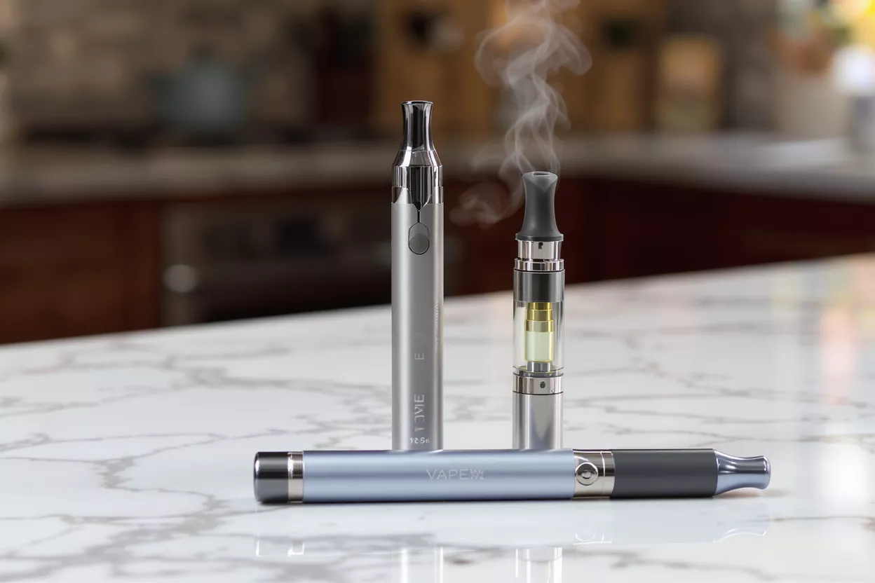 Trois vapoteuses sur un comptoir en marbre, l'une émettant de la vapeur, avec un arrière-plan flou.