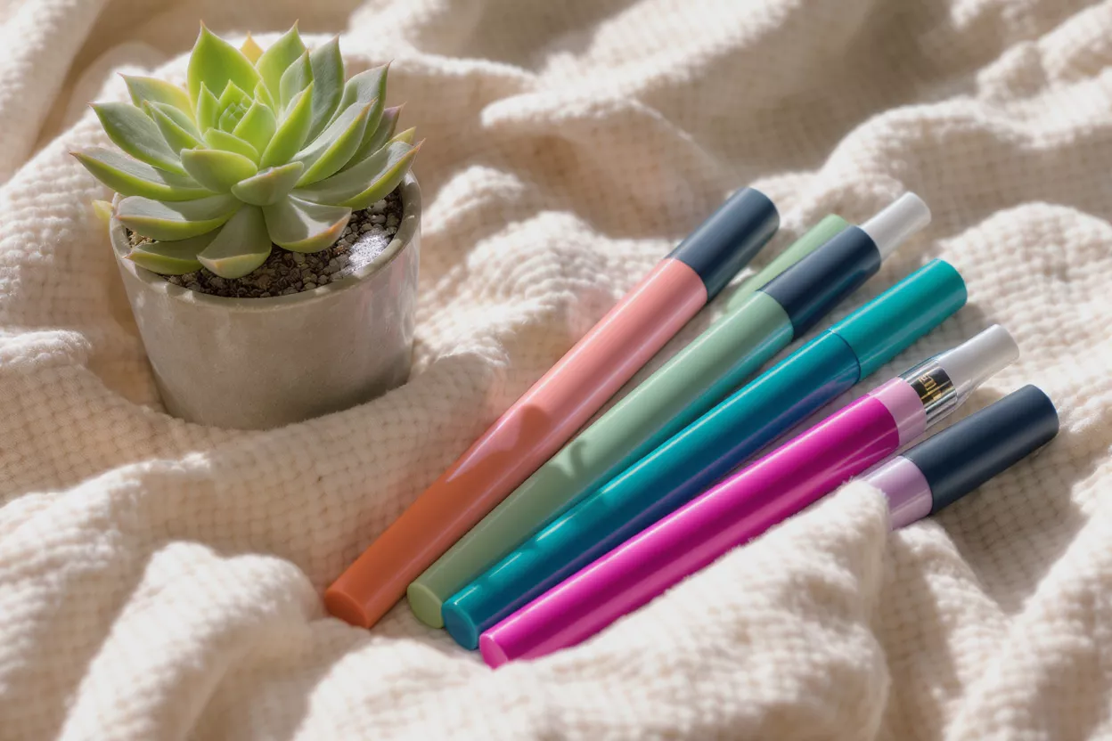 Cinq stylos colorés et une plante succulente posés sur une couverture blanche douillette.