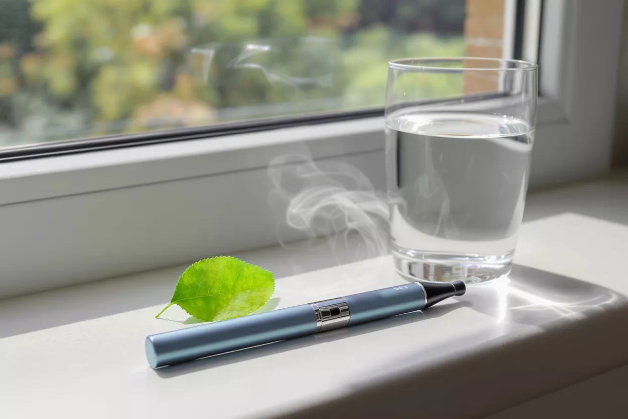 Une vape pen, un verre d'eau et une feuille verte sur un rebord de fensoleillé.