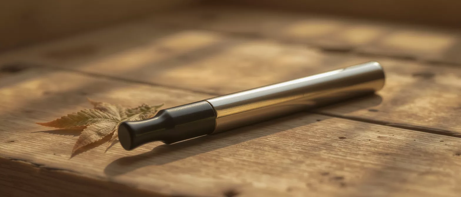 Un vaporisateur métallique avec un embout noir à côté d'une feuille de cannabis séchée sur une table en bois.