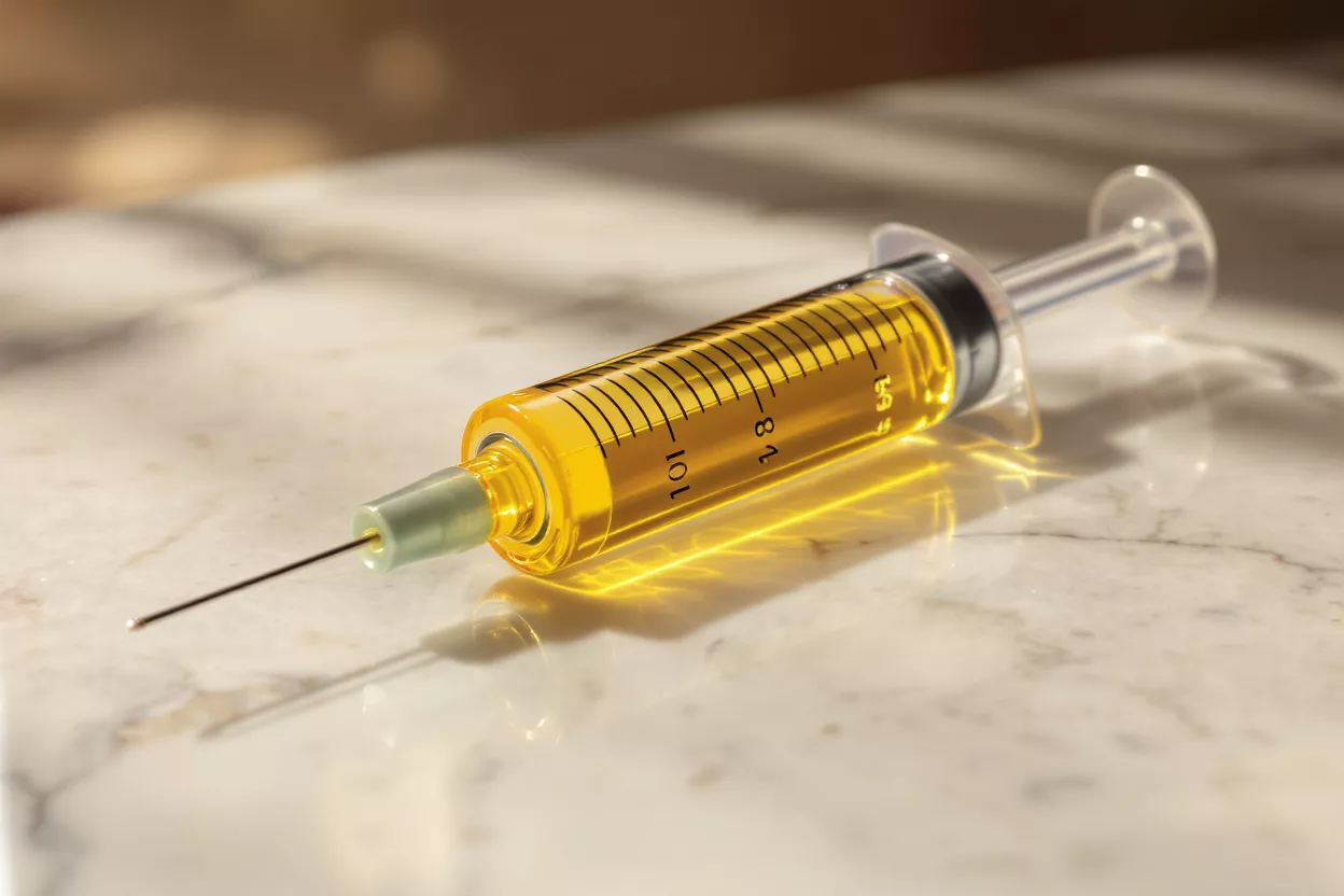 A syringe filled with bright yellow liquid rests on a white marble surface.