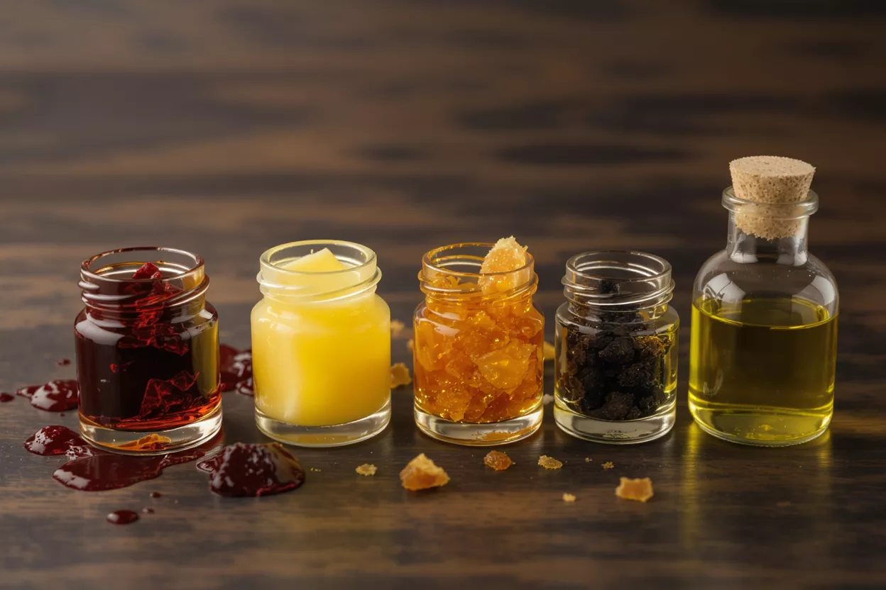 Ingredientes Naturales en Frascos Cinco frascos pequeños que contienen diversos ingredientes naturales: líquido rojo oscuro, pasta amarilla, cristales ámbar, sólidos oscuros y aceite amarillo.