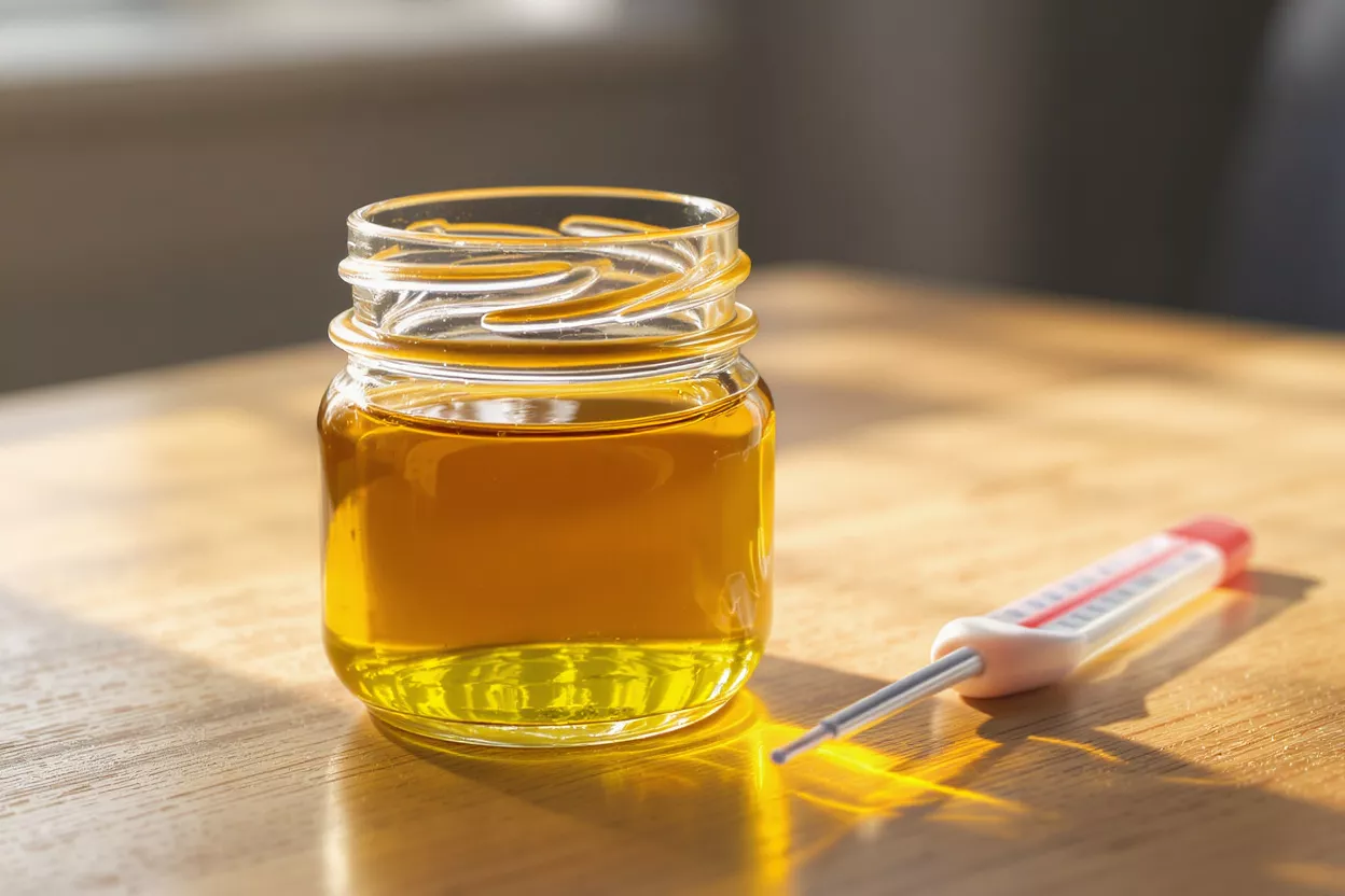 A clear glass jar of golden oil next to a thermometer on a wooden table.
